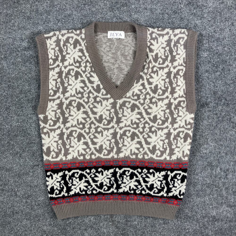 ILYA Sweater Vest Womens Size M Beige Brown Knit V-Neck Vintage Fair Isle